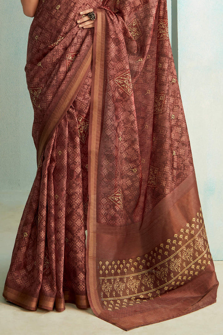 Otter Brown Handloom Woven Digital Printed Soft Silk Saree