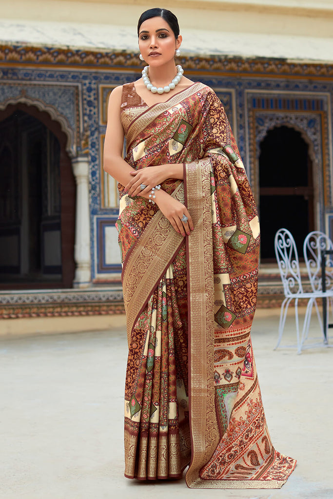 Otter Brown Printed Dola Silk Saree