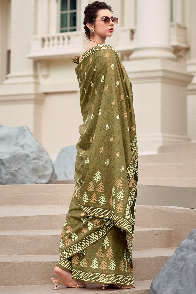 Otter Brown Printed Mul cotton Saree