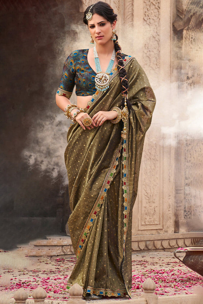 Otter Brown Pure Tissue Silk Saree with Multicolor Lace Border