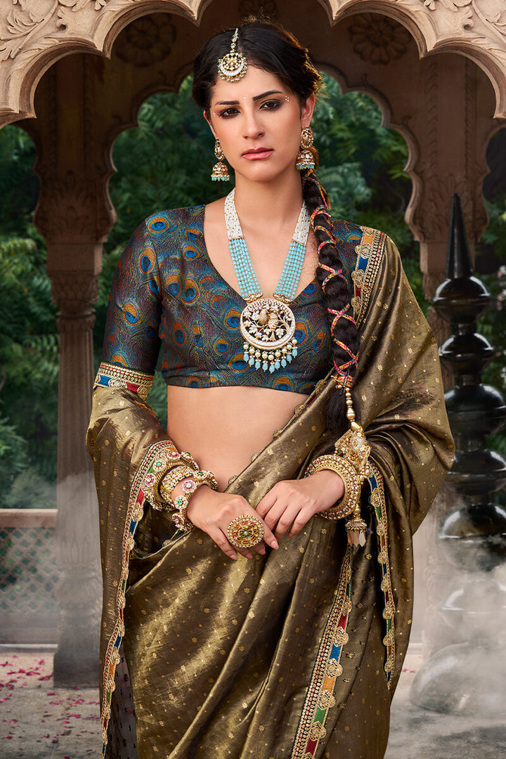Otter Brown Pure Tissue Silk Saree with Multicolor Lace Border