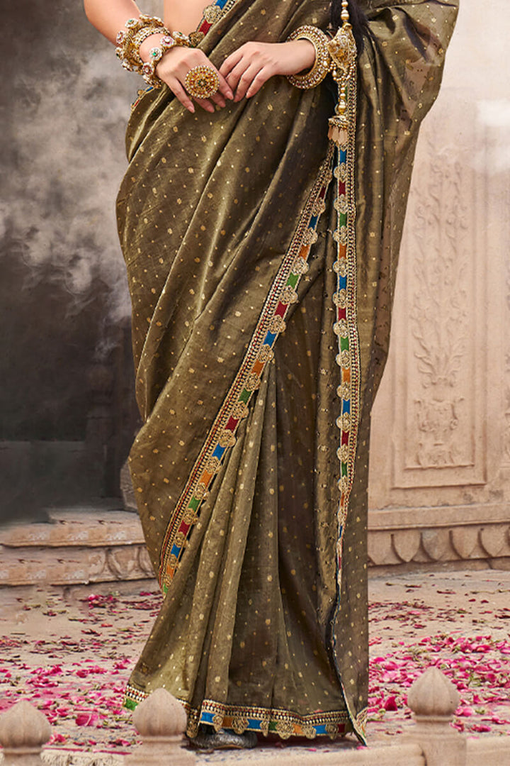 Otter Brown Pure Tissue Silk Saree with Multicolor Lace Border