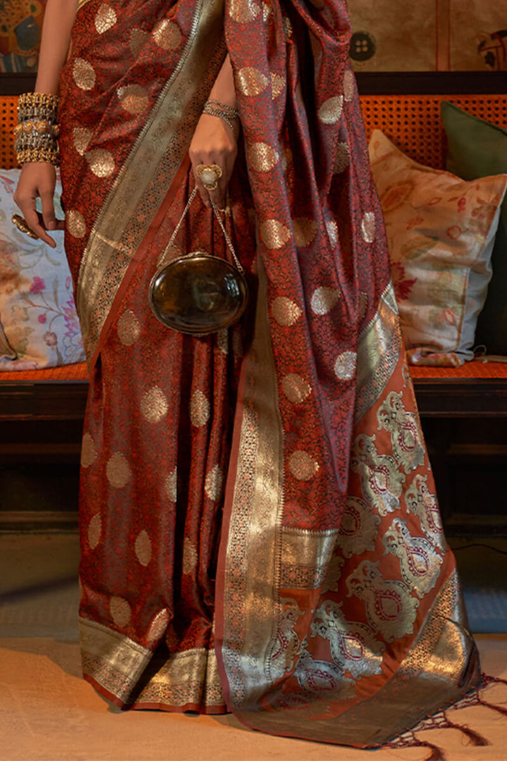 Otter Brown Zari Woven Satin Silk Saree