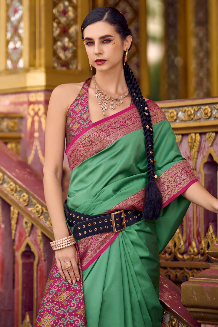 Oxley Green Zari Woven Soft Silk Saree