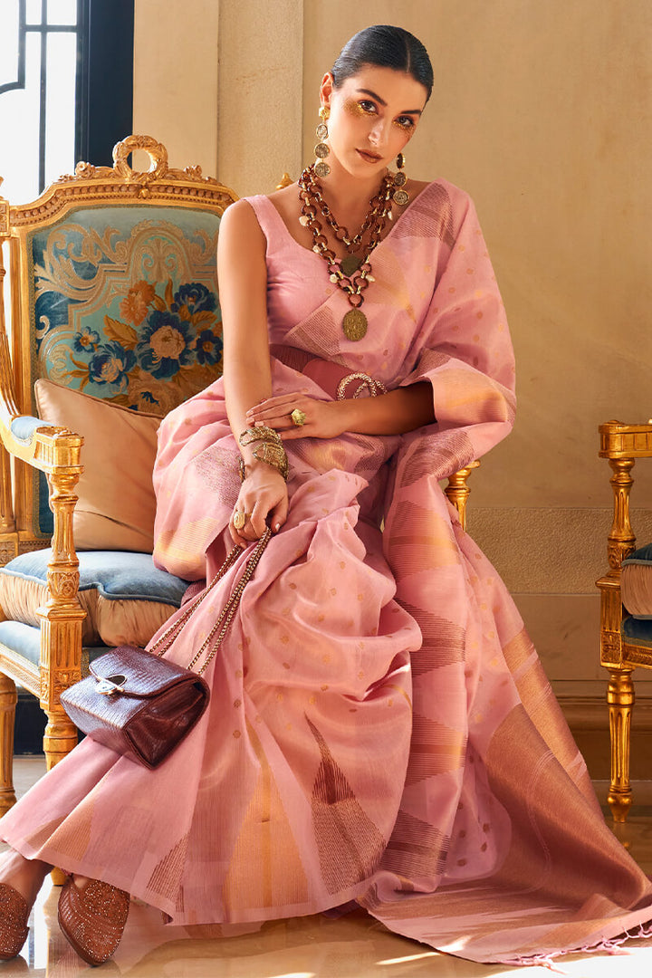 Oyster Pink Banarasi Woven Tissue Silk Saree