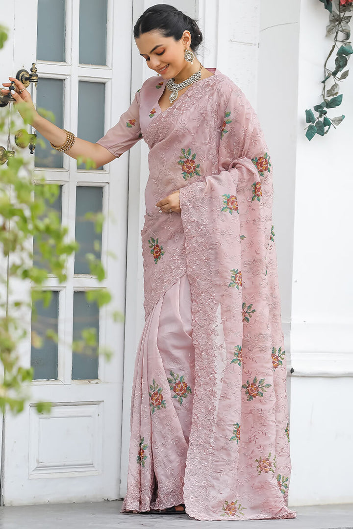 Oyster Pink Emboroidey Worked Chiffon Saree