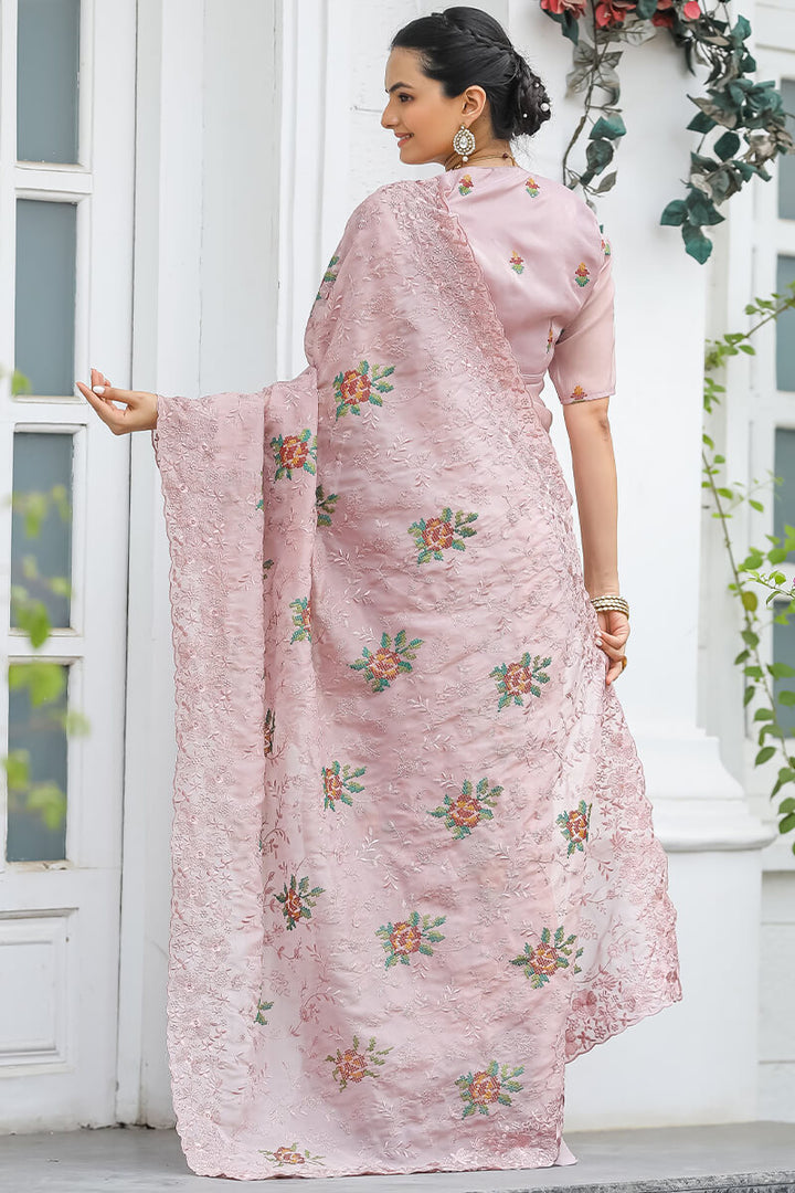 Oyster Pink Emboroidey Worked Chiffon Saree