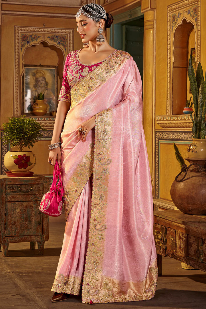 Oyster Pink Hand Work Viscose Saree with Stiched Blouse