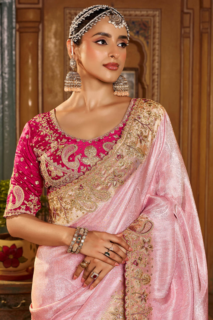 Oyster Pink Hand Work Viscose Saree with Stiched Blouse