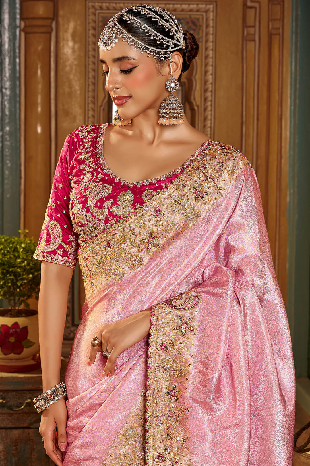 Oyster Pink Hand Work Viscose Saree with Stiched Blouse