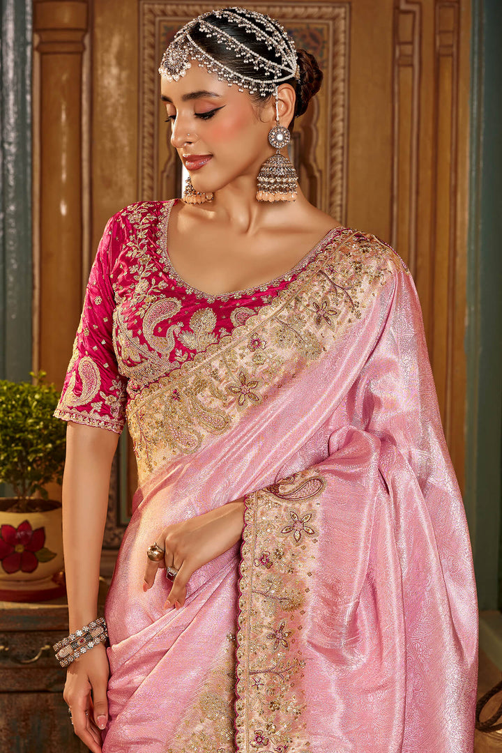 Oyster Pink Hand Work Viscose Saree with Stiched Blouse