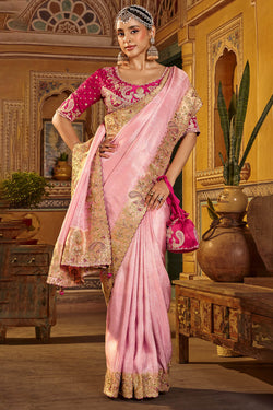 Oyster Pink Hand Work Viscose Saree with Stiched Blouse