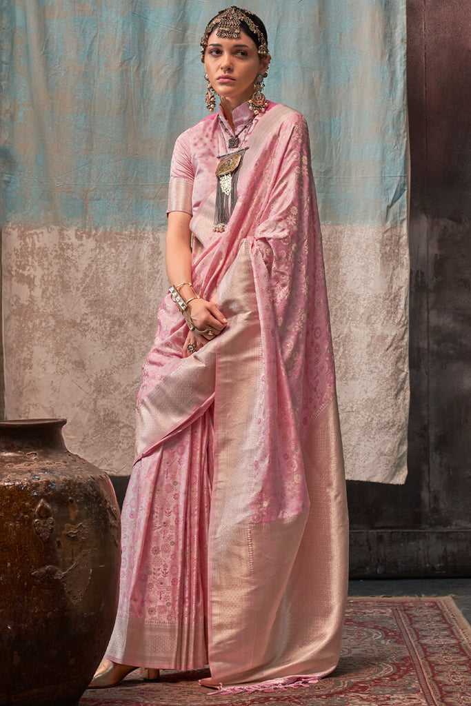 Oyster Pink Handloom Banarasi Satin Silk Saree