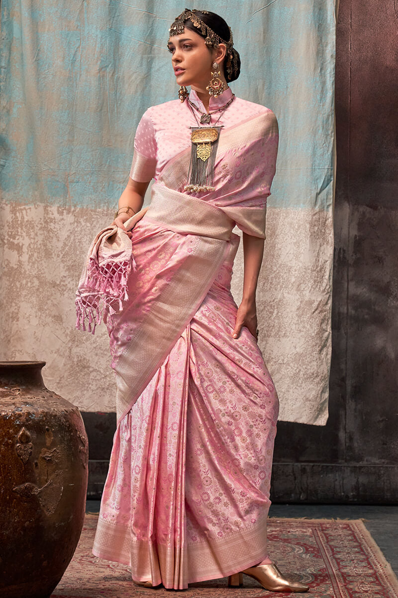 Oyster Pink Handloom Banarasi Satin Silk Saree