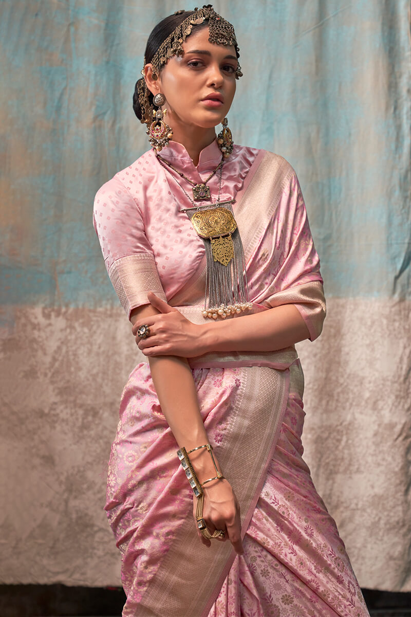 Oyster Pink Handloom Banarasi Satin Silk Saree