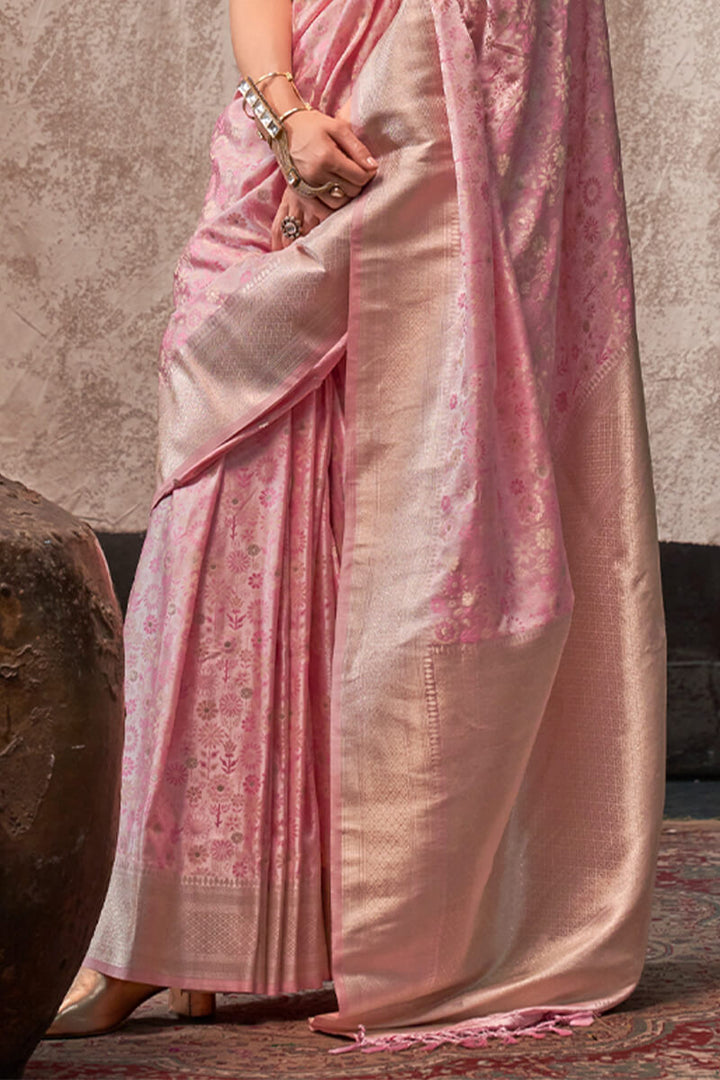 Oyster Pink Handloom Banarasi Satin Silk Saree