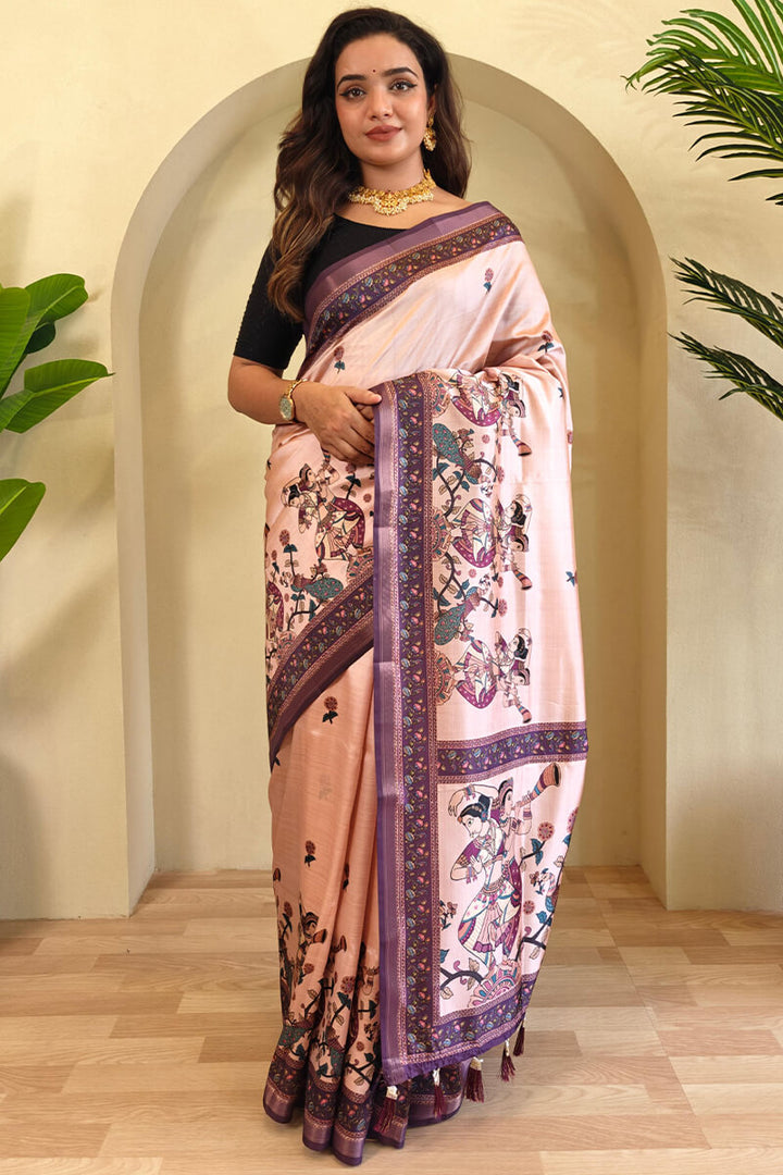 Oyster Pink Kalamkari Digital Printed Pure Dola Viscos saree