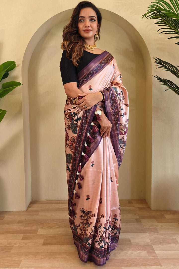 Oyster Pink Kalamkari Digital Printed Pure Dola Viscos saree