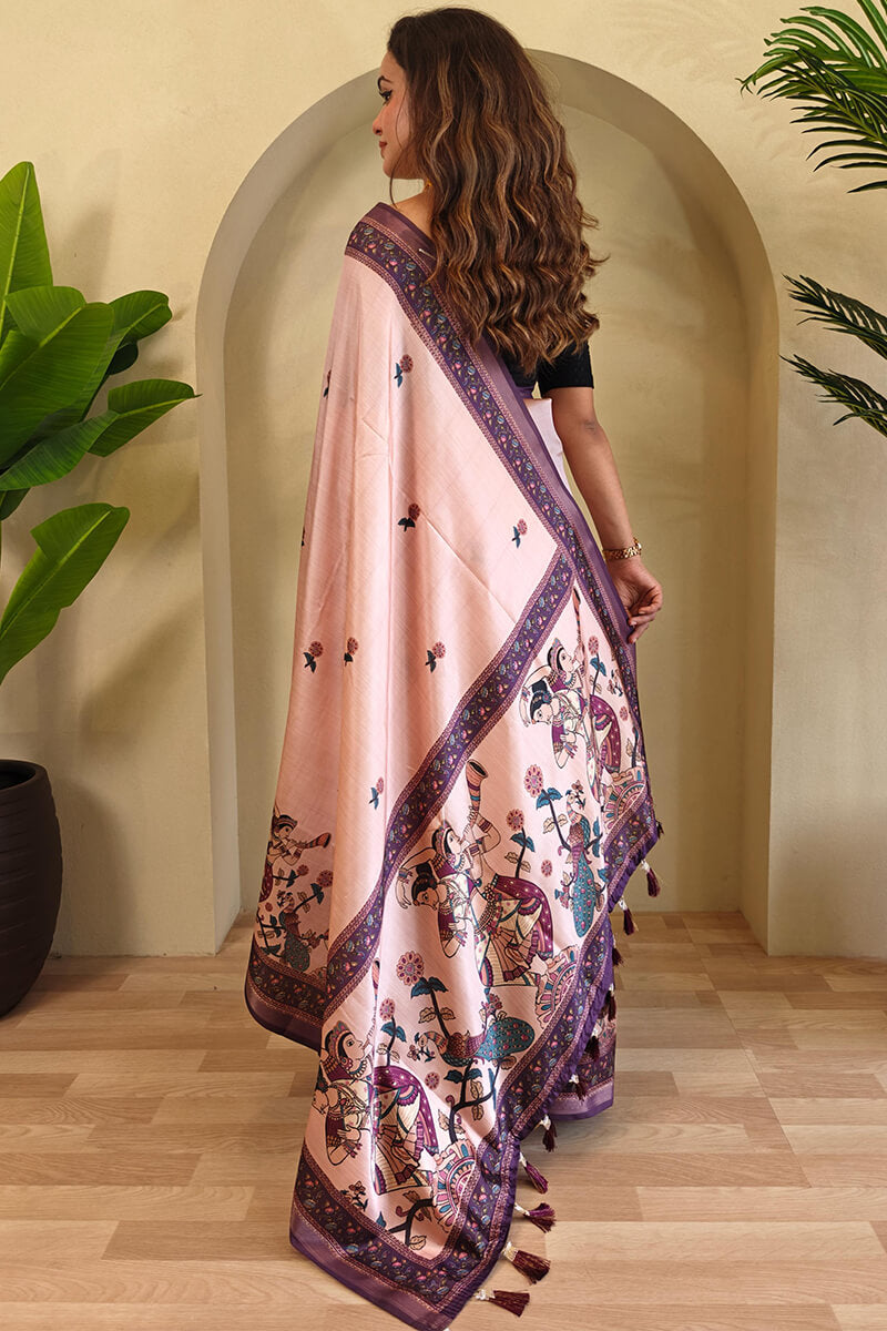 Oyster Pink Kalamkari Digital Printed Pure Dola Viscos saree