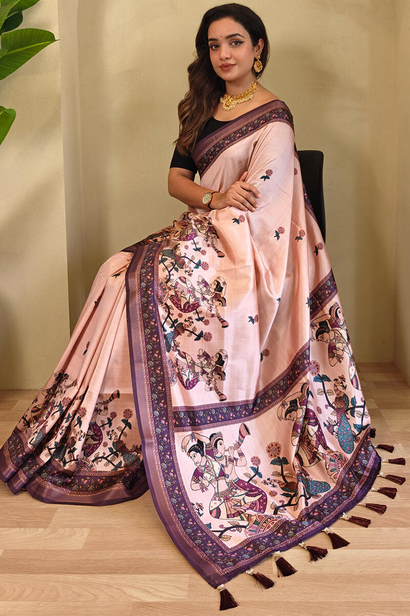 Oyster Pink Kalamkari Digital Printed Pure Dola Viscos saree