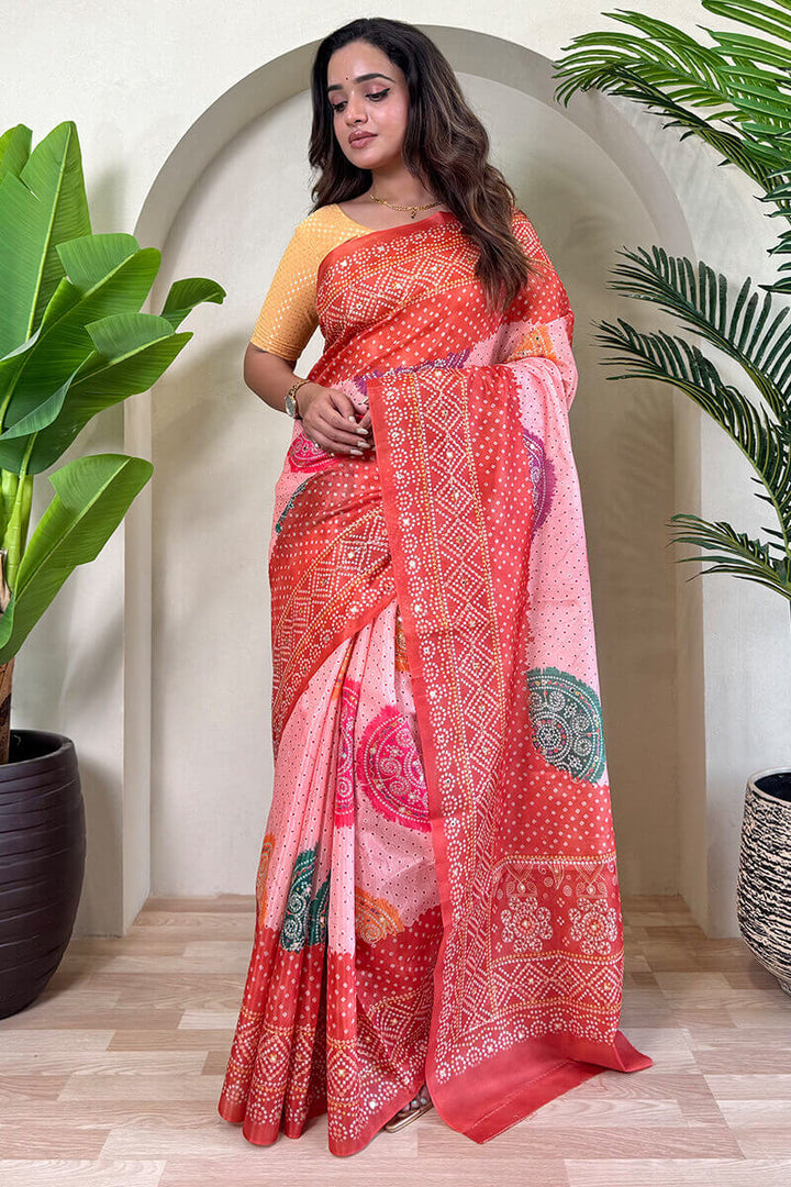 Oyster Pink Printed Bandhani saree