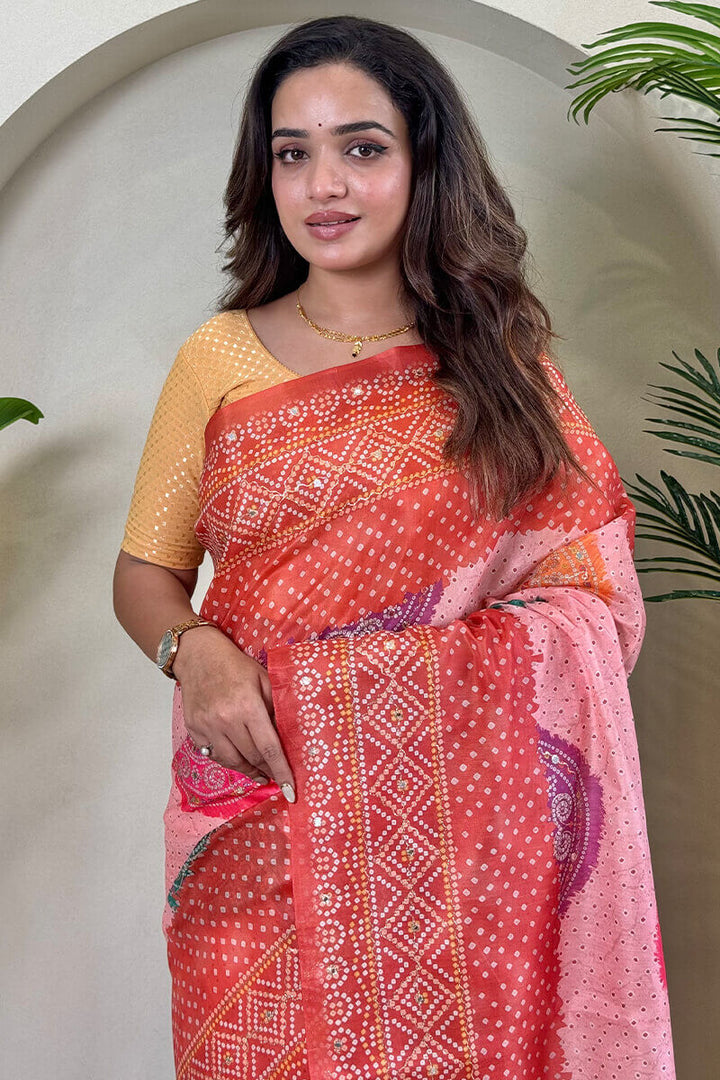 Oyster Pink Printed Bandhani saree