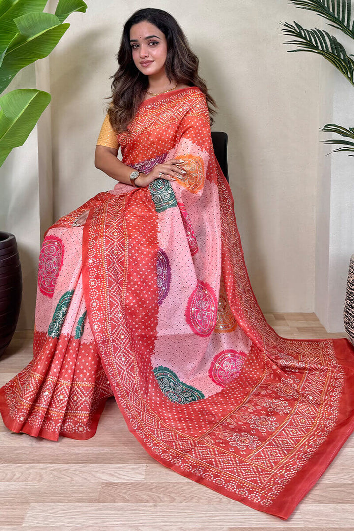 Oyster Pink Printed Bandhani saree
