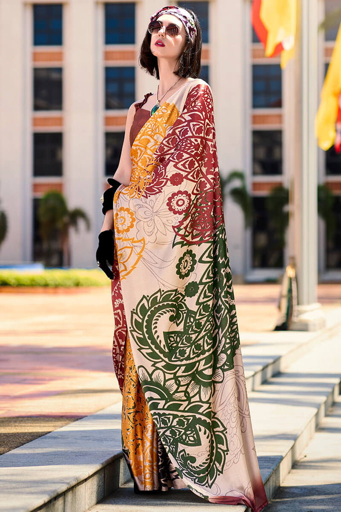 Oyster Pink Printed Satin Crepe Silk Saree