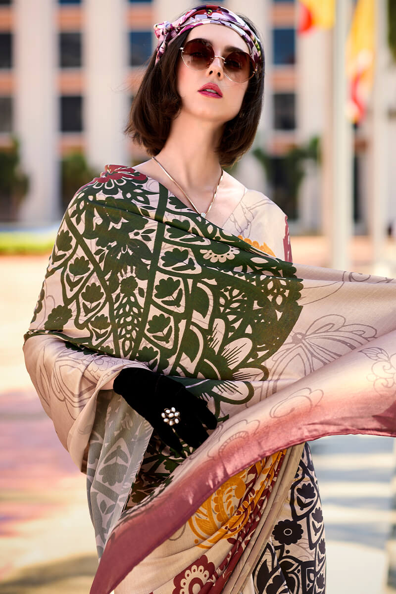 Oyster Pink Printed Satin Crepe Silk Saree