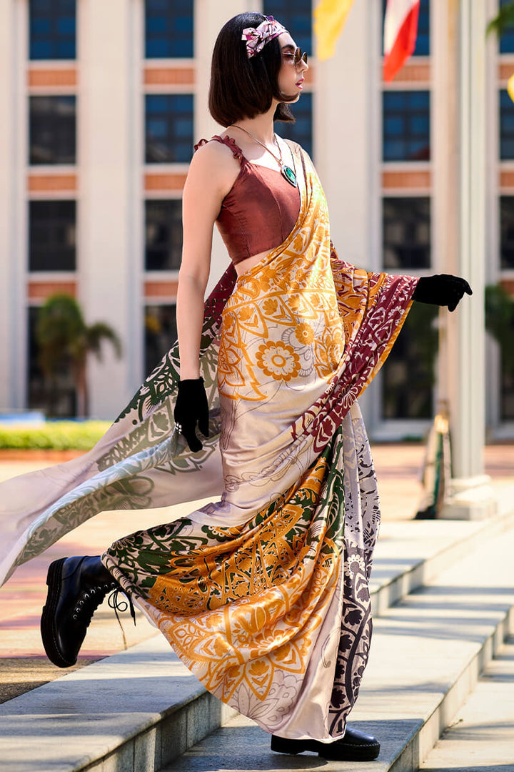 Oyster Pink Printed Satin Crepe Silk Saree