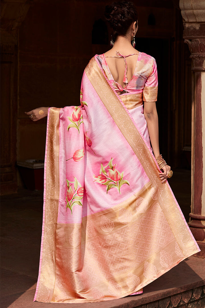 Oyster Pink Printed Silk Saree