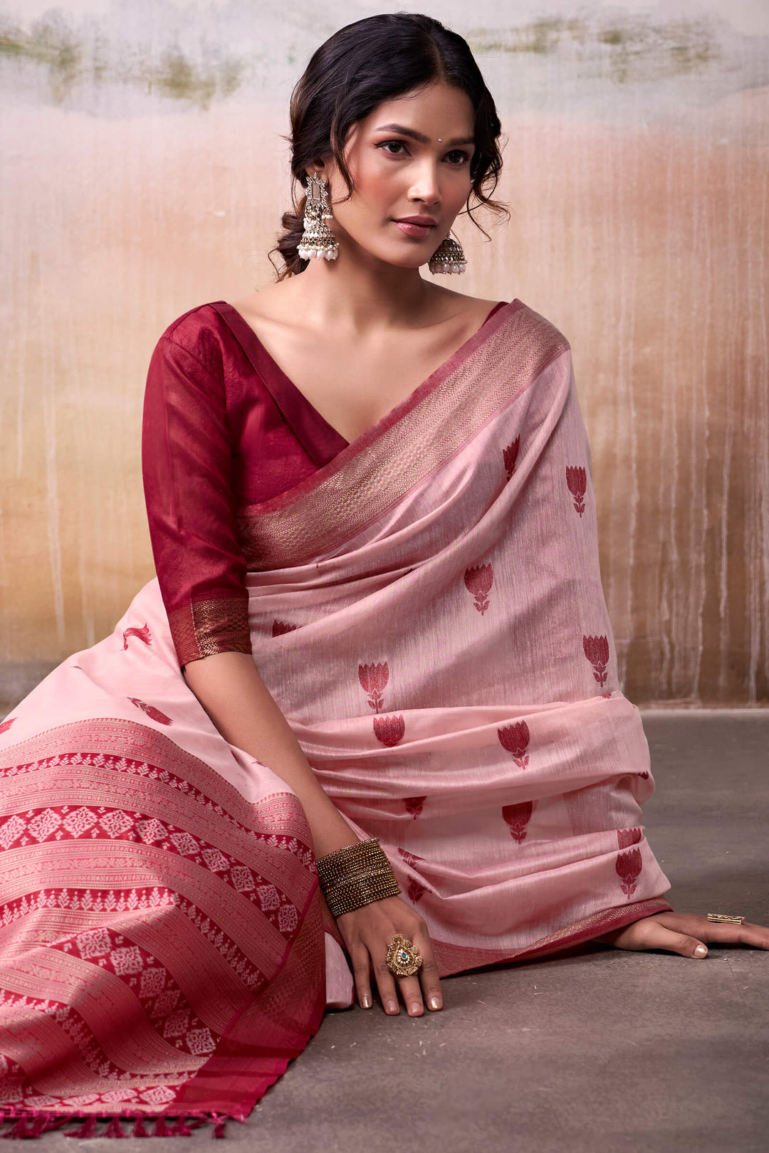 Oyster Pink Zari Woven Cotton Silk Saree