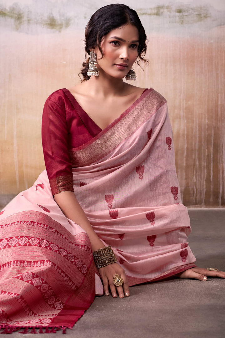Oyster Pink Zari Woven Cotton Silk Saree