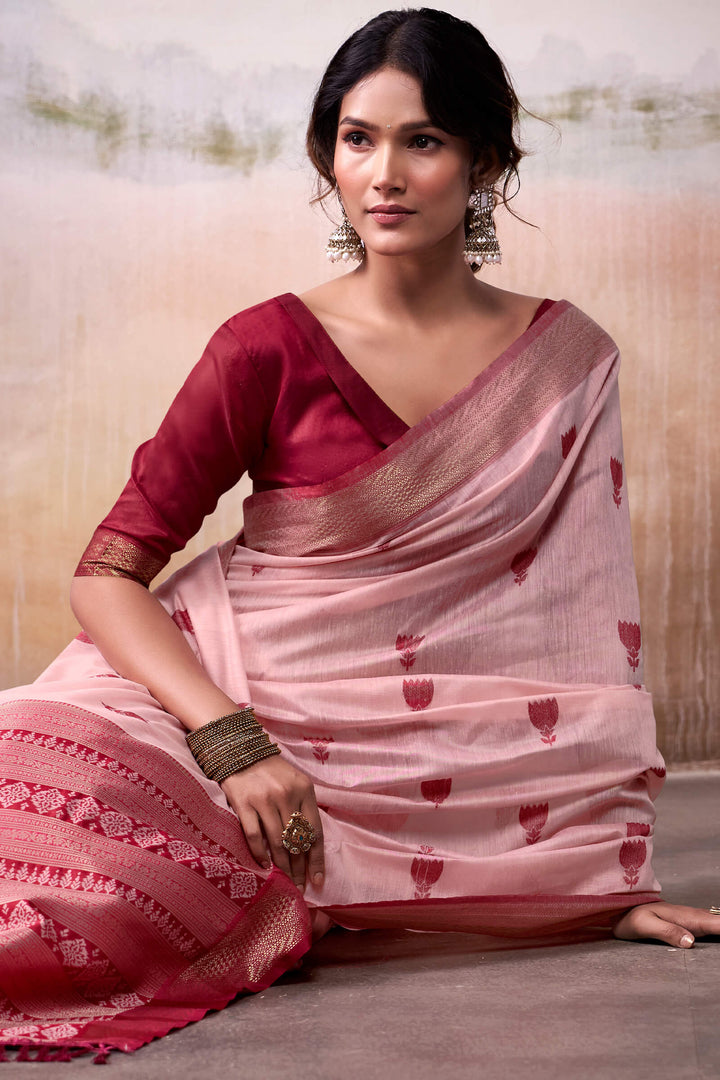 Oyster Pink Zari Woven Cotton Silk Saree
