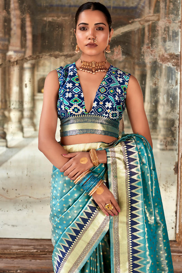 Pacific Blue Banarasi Tissue Silk Saree