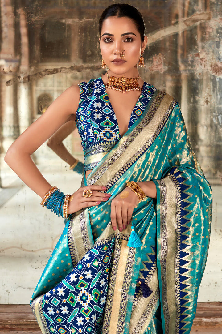 Pacific Blue Banarasi Tissue Silk Saree