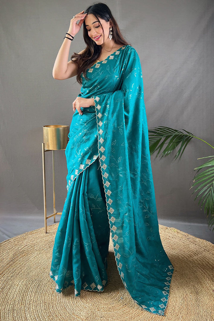 Pacific Blue Embroidered SequenceWork Soft Silk Saree