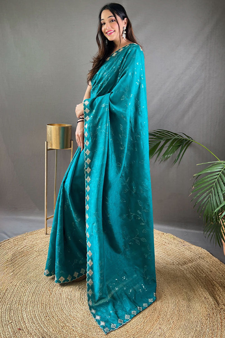 Pacific Blue Embroidered SequenceWork Soft Silk Saree