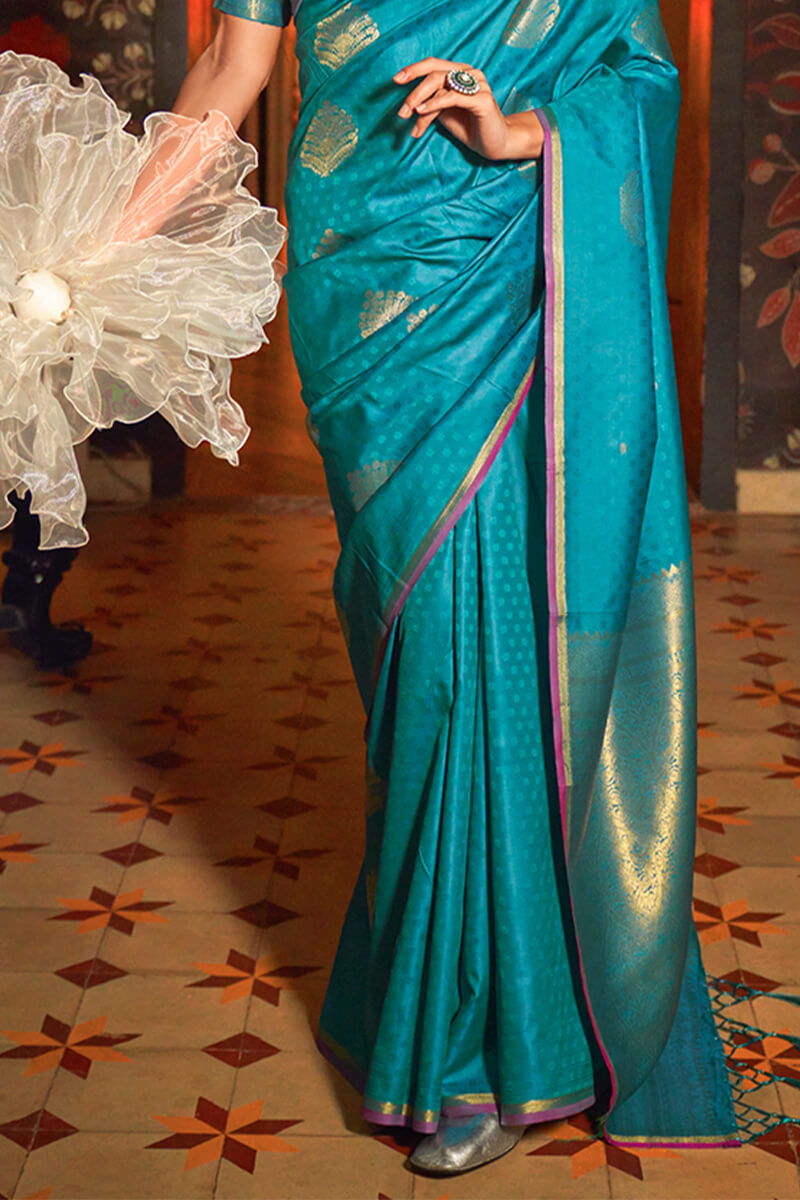 Pacific Blue Handloom Banarasi Silk Saree