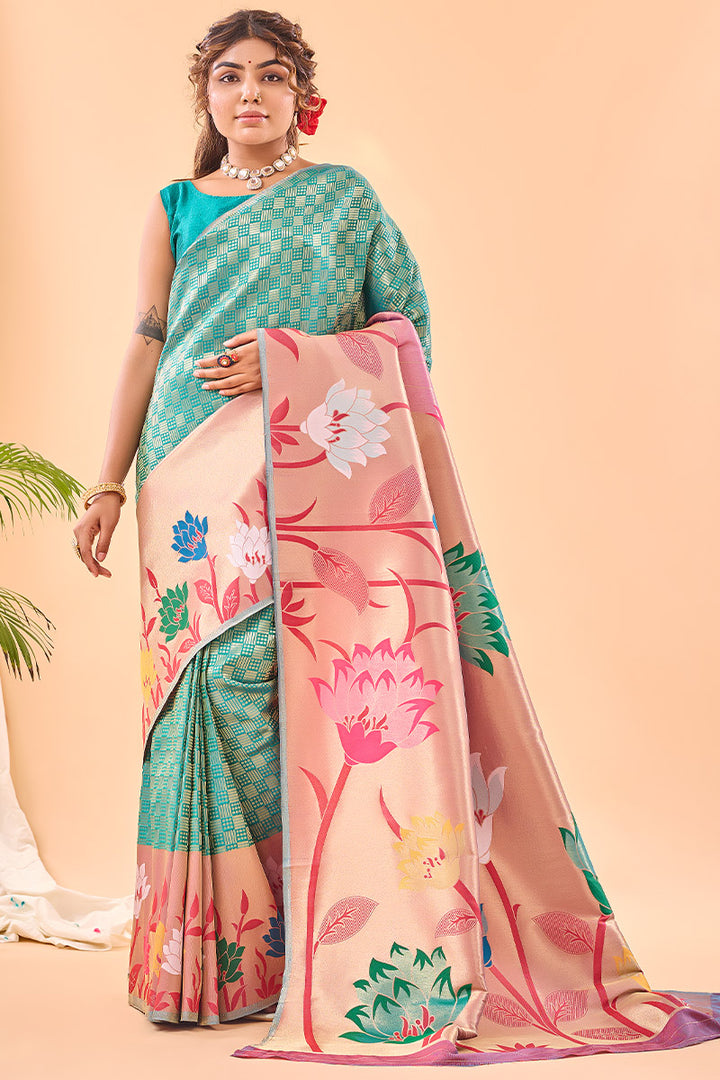 Pacific Blue Paithani Silk Saree