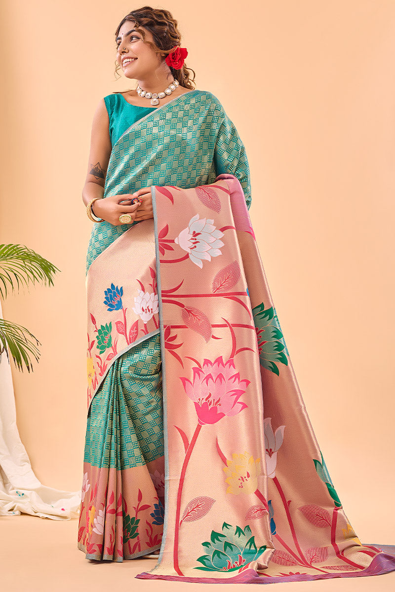 Pacific Blue Paithani Silk Saree