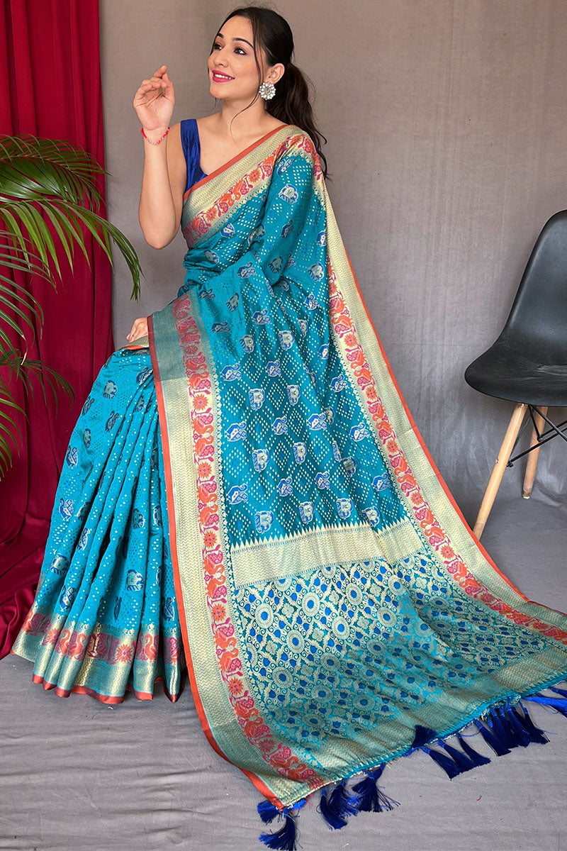 Pacific Blue Patola Silk Saree