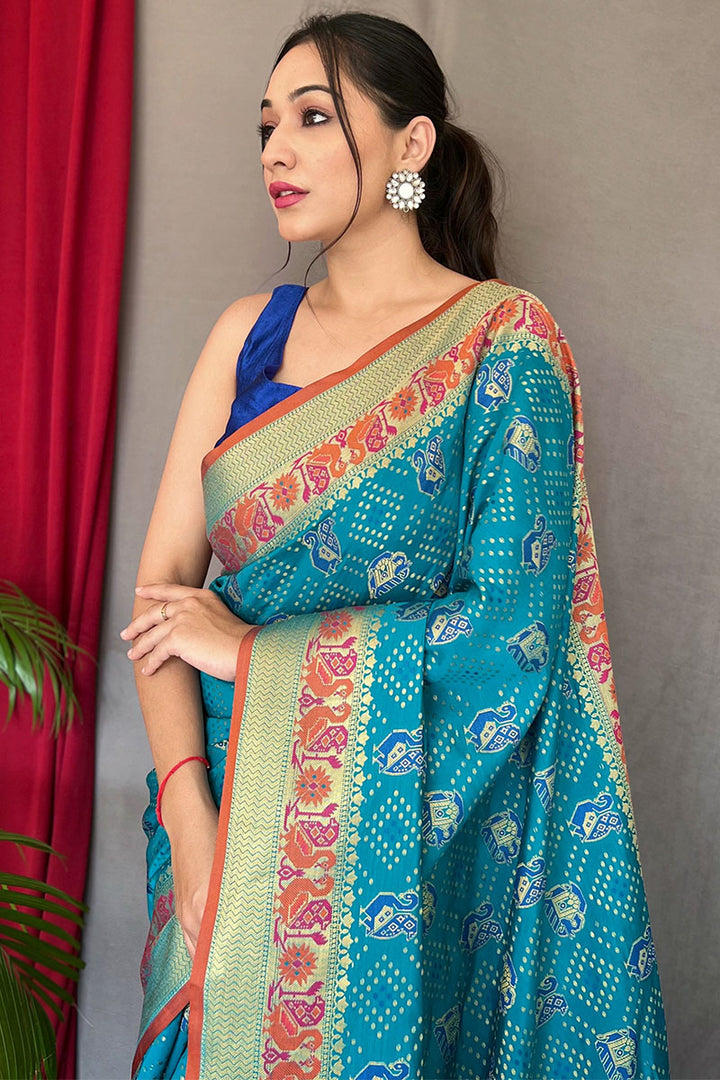 Pacific Blue Patola Silk Saree