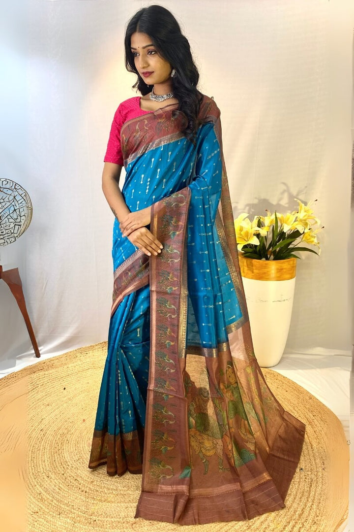 Pacific Blue Printed Soft Chanderi Silk Saree