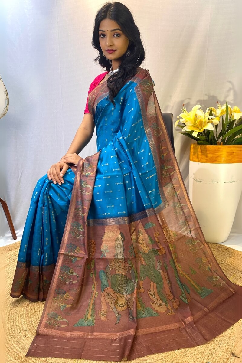 Pacific Blue Printed Soft Chanderi Silk Saree