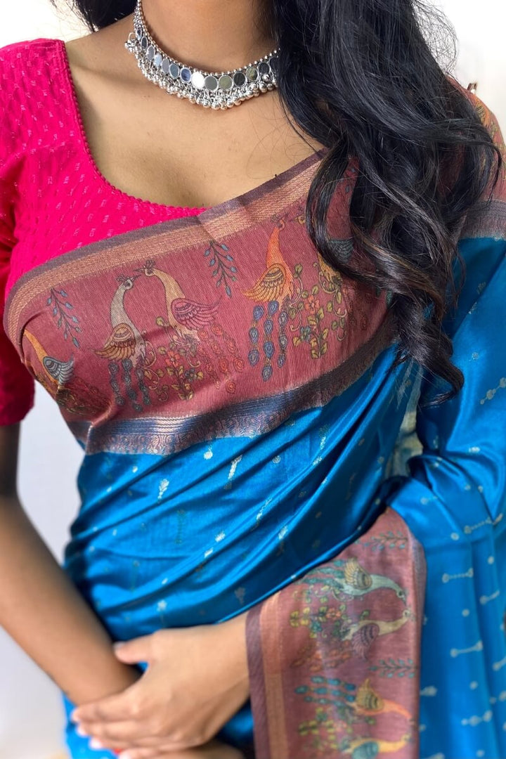 Pacific Blue Printed Soft Chanderi Silk Saree