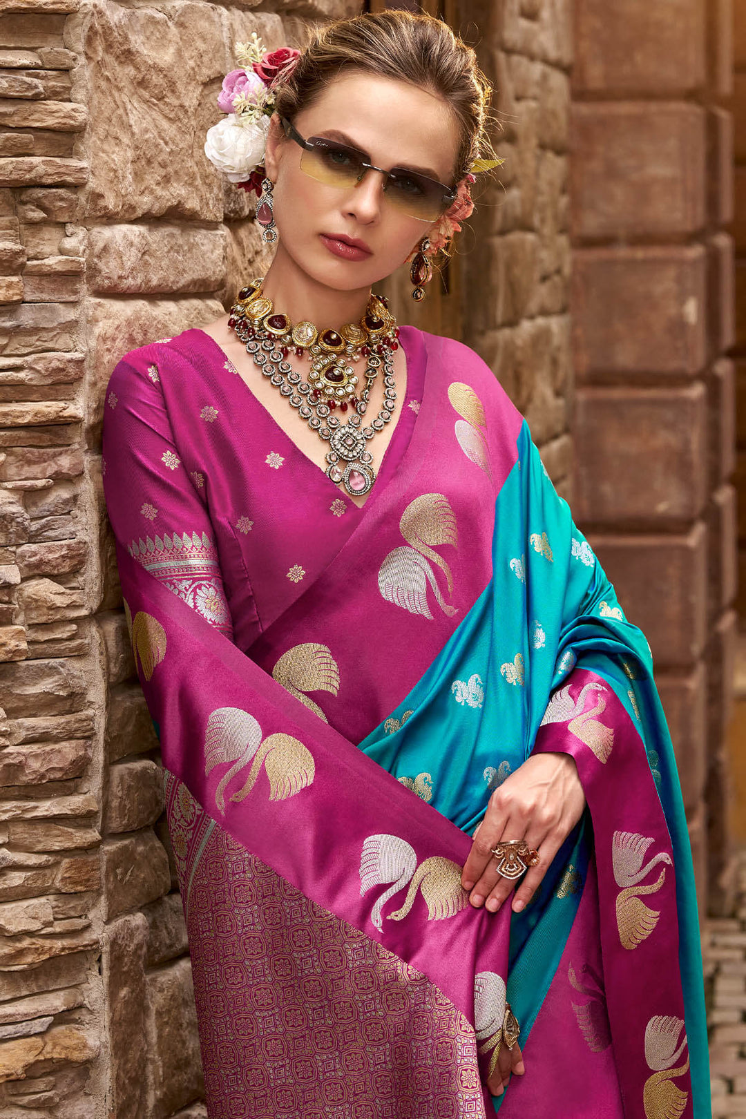 Pacific Blue Satin Silk Saree