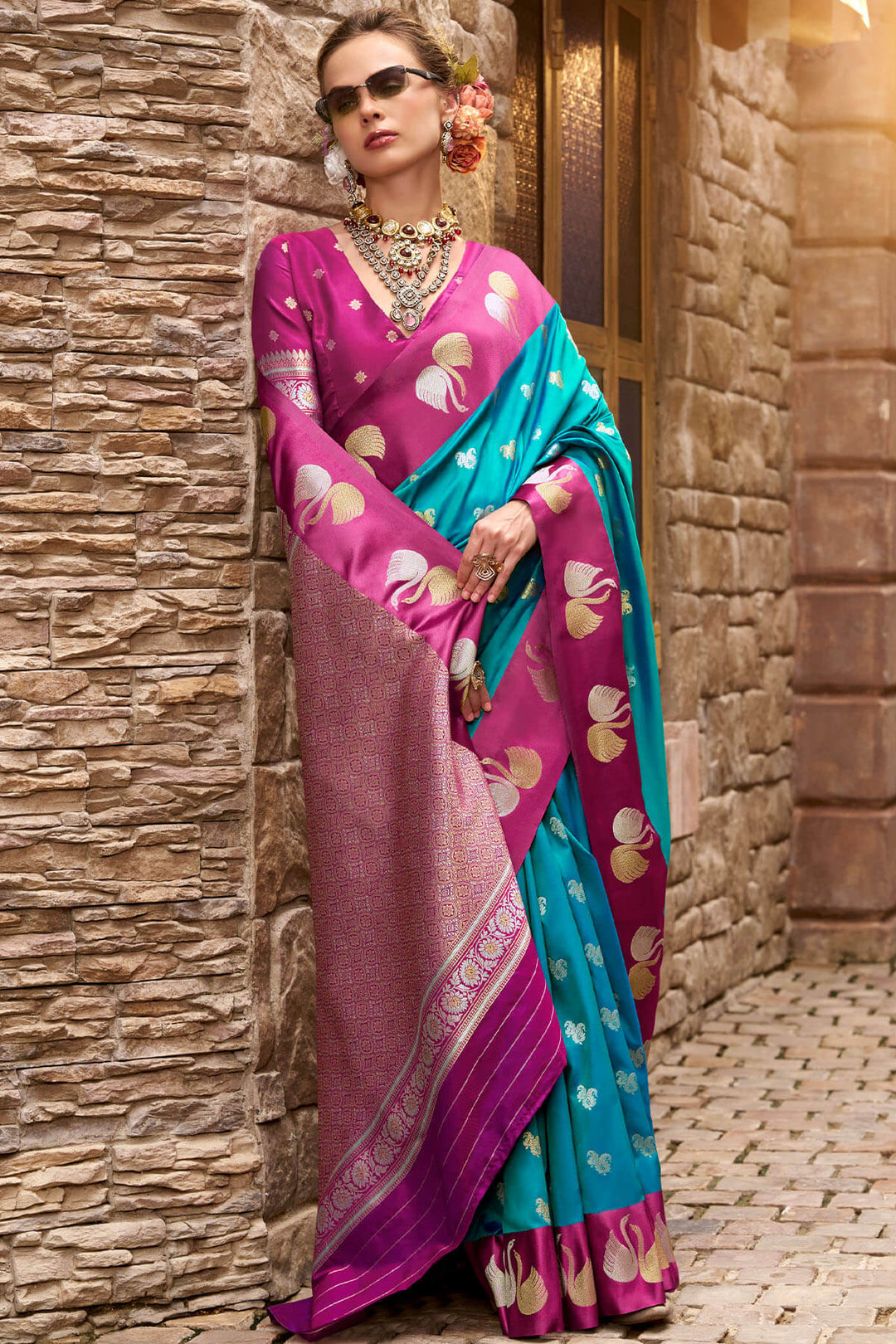 Pacific Blue Satin Silk Saree