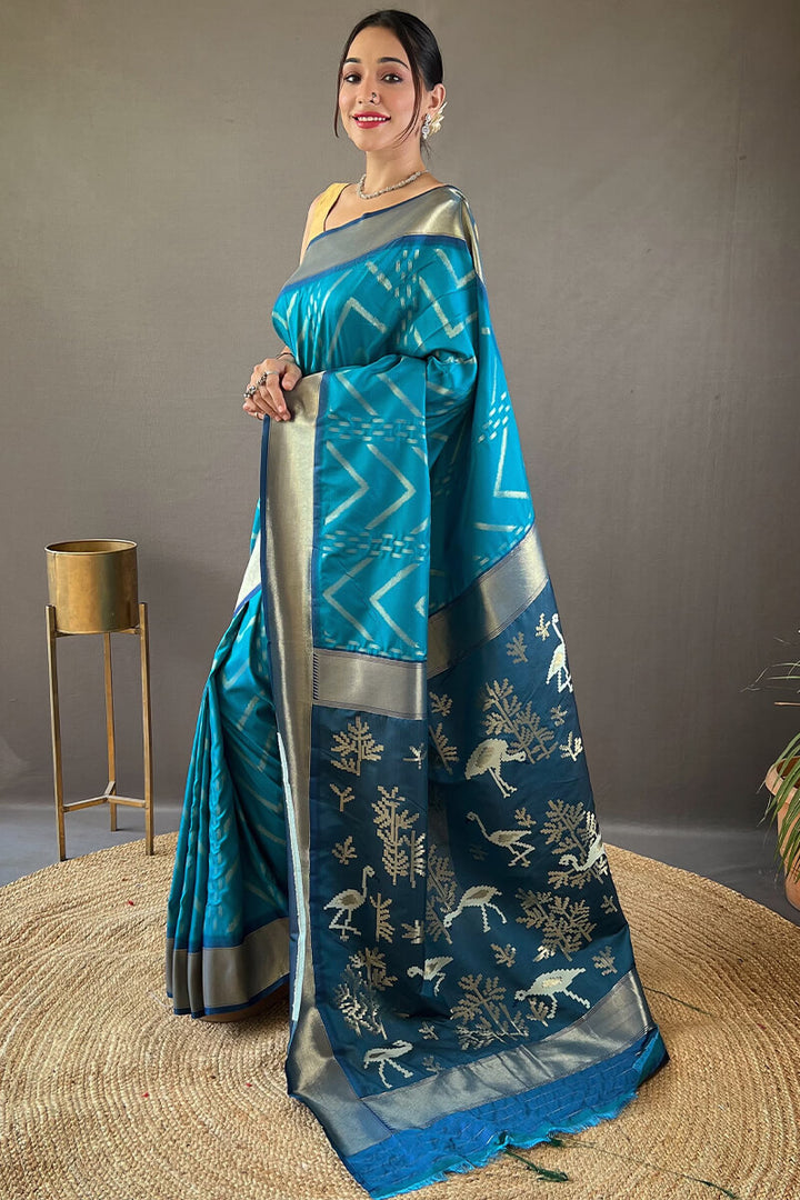 Pacific Blue Soft Banarasi Silk Saree