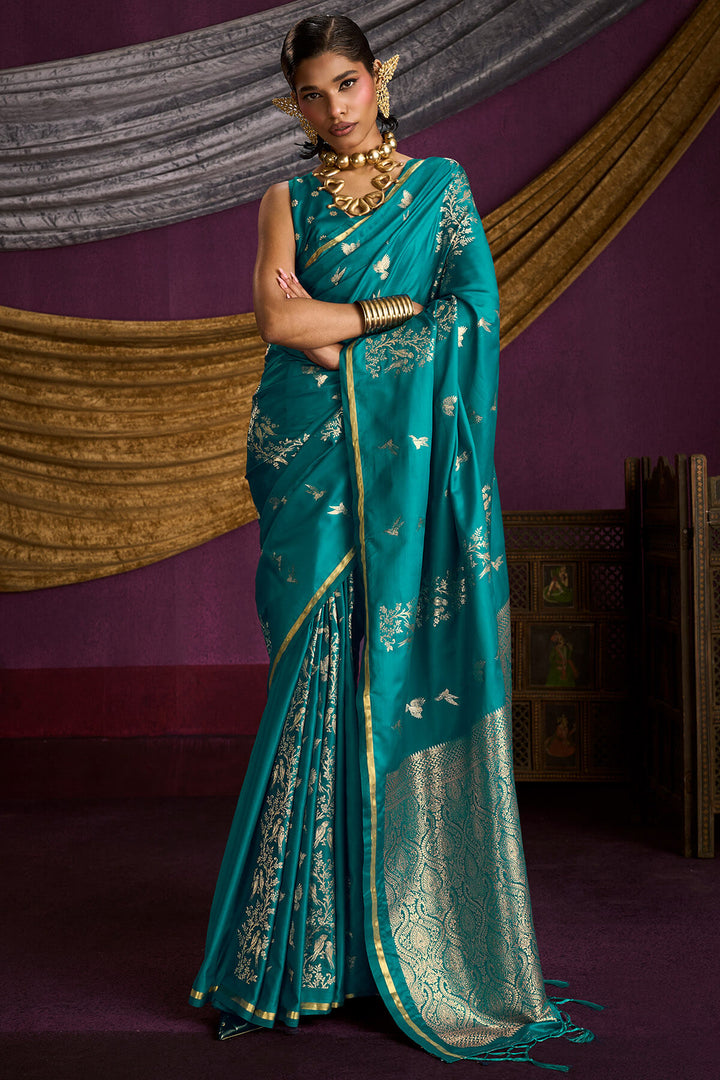 Pacific Blue Zari Woven Banarasi Satin Silk Saree
